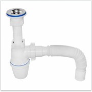 Сифон с большим корпусом и отстойником, выпуском, нержавеющей чашкой д.70мм и гибкой трубой 40-40/50 для мойки.