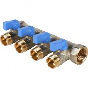 Коллектор регул.  3/4 х 1/2нар. - 4 вых.  синие ручки STOUT (шар кран) l 1/10 в упак.